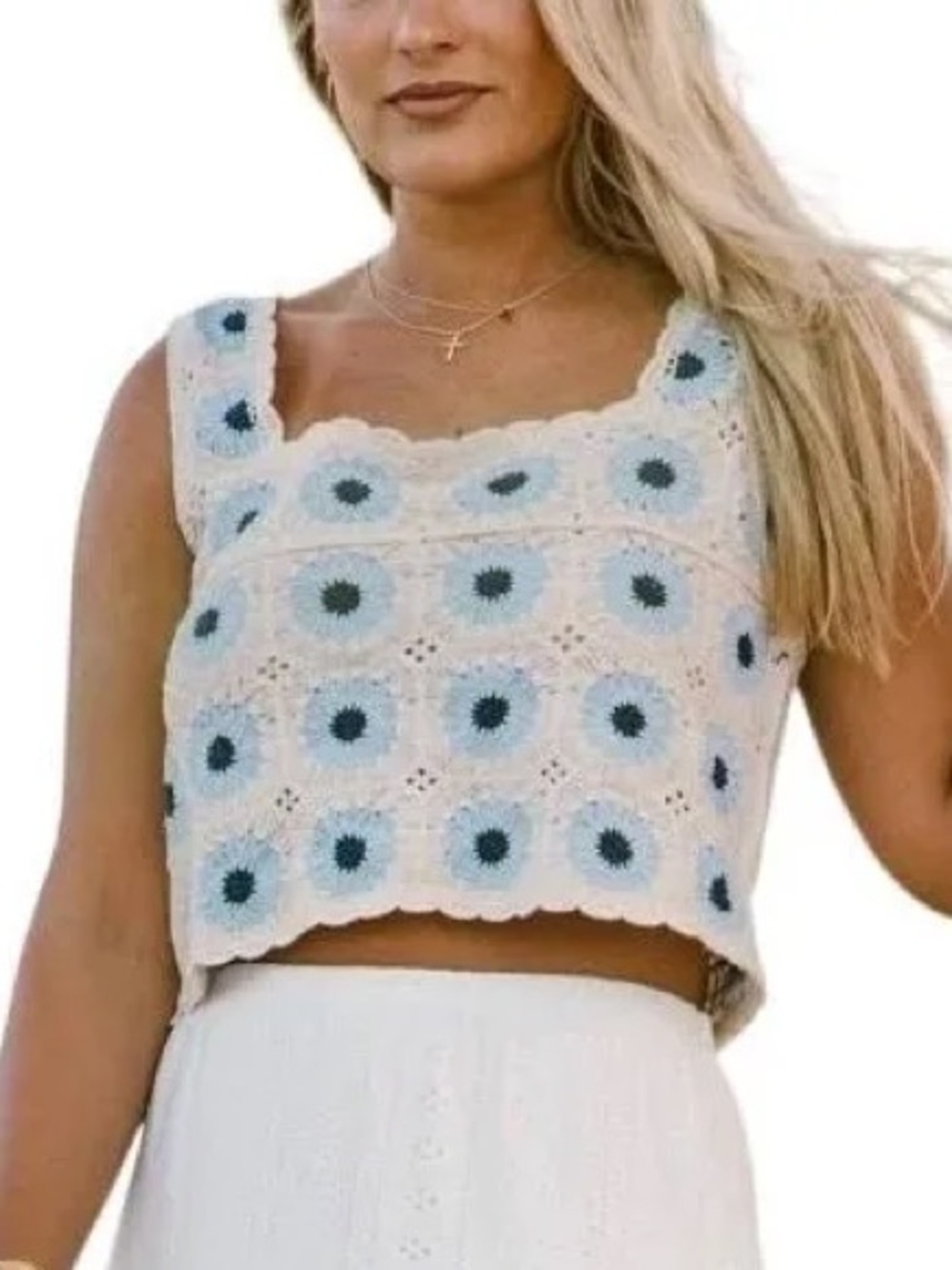 Rebellion Again Blue Floral Crochet Knit Crop Tank Top Medium Boho Festival